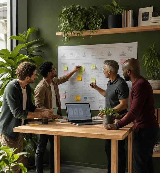 Four male product and engineering teammates reviewing a shared product map