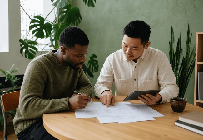 Two male product designers comparing a printed flow and tablet