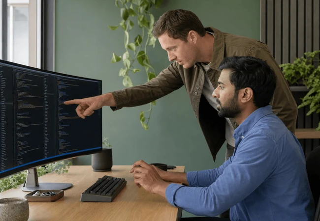 Two male software engineers pair programming