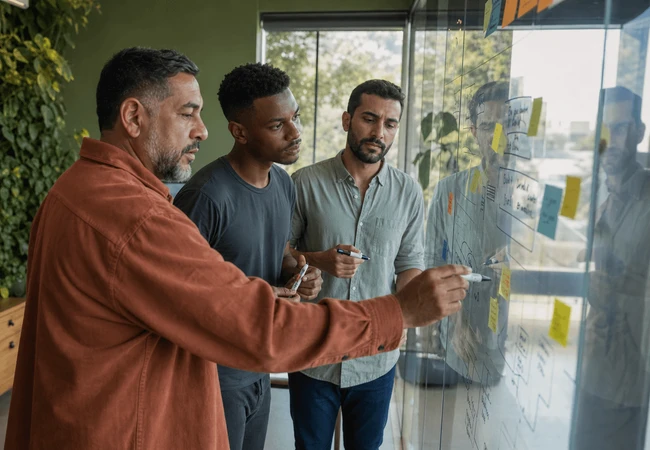 Three male teammates mapping a product flow on a whiteboard
