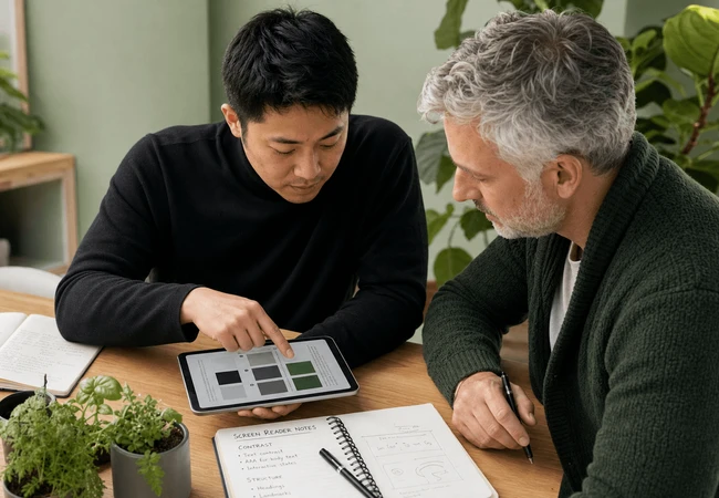 Two male teammates reviewing interface accessibility