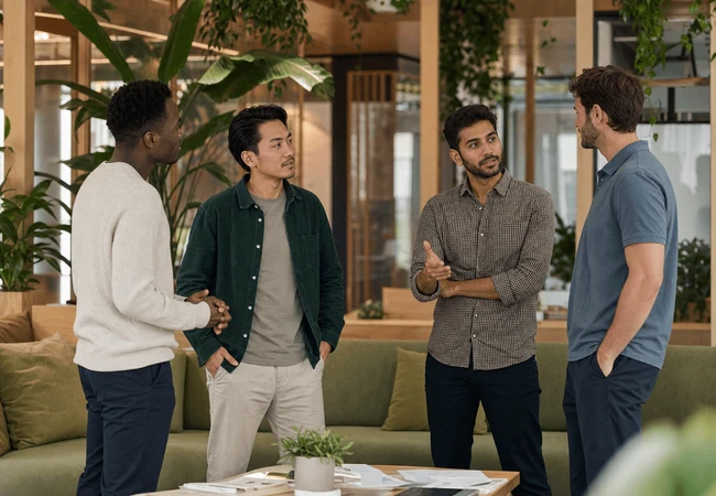 Four male colleagues holding an informal project stand-up